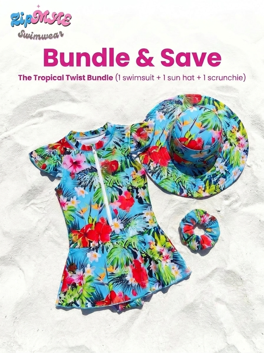 Tropical Twist bundle includes a colorful hat, matching scrunchie, and swimsuit set from ZipMAE Swimwear.