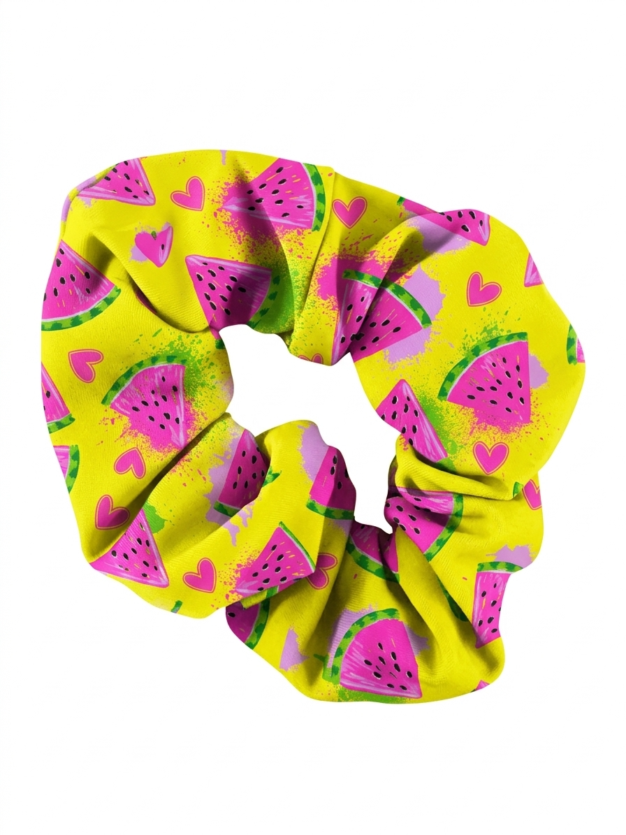 Pink and green watermelon-themed scrunchie from ZipMAE Swimwear's Melon Mania collection, shown on a plain background.