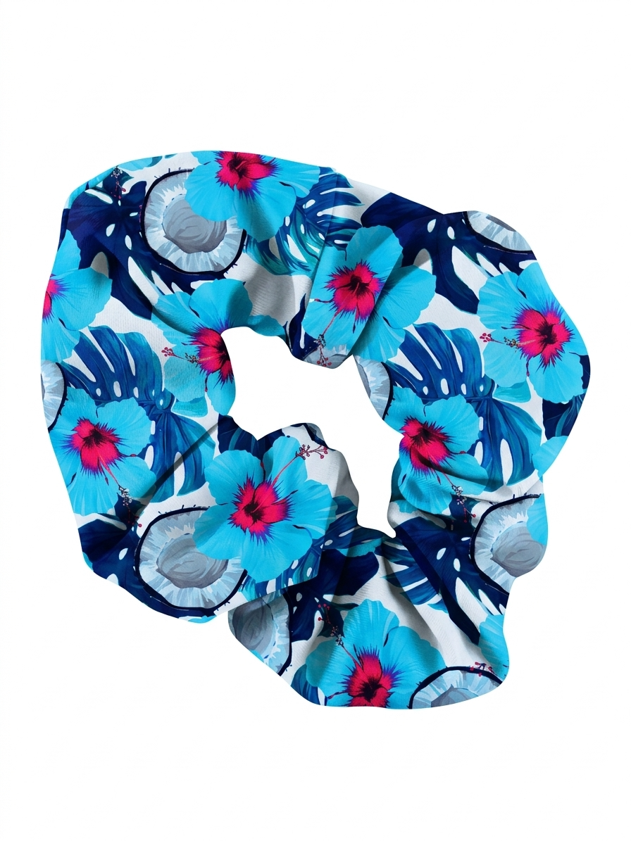 Pink scrunchie with coconut print from ZipMAE Swimwear's Coconut Cove collection, shown on a white background.