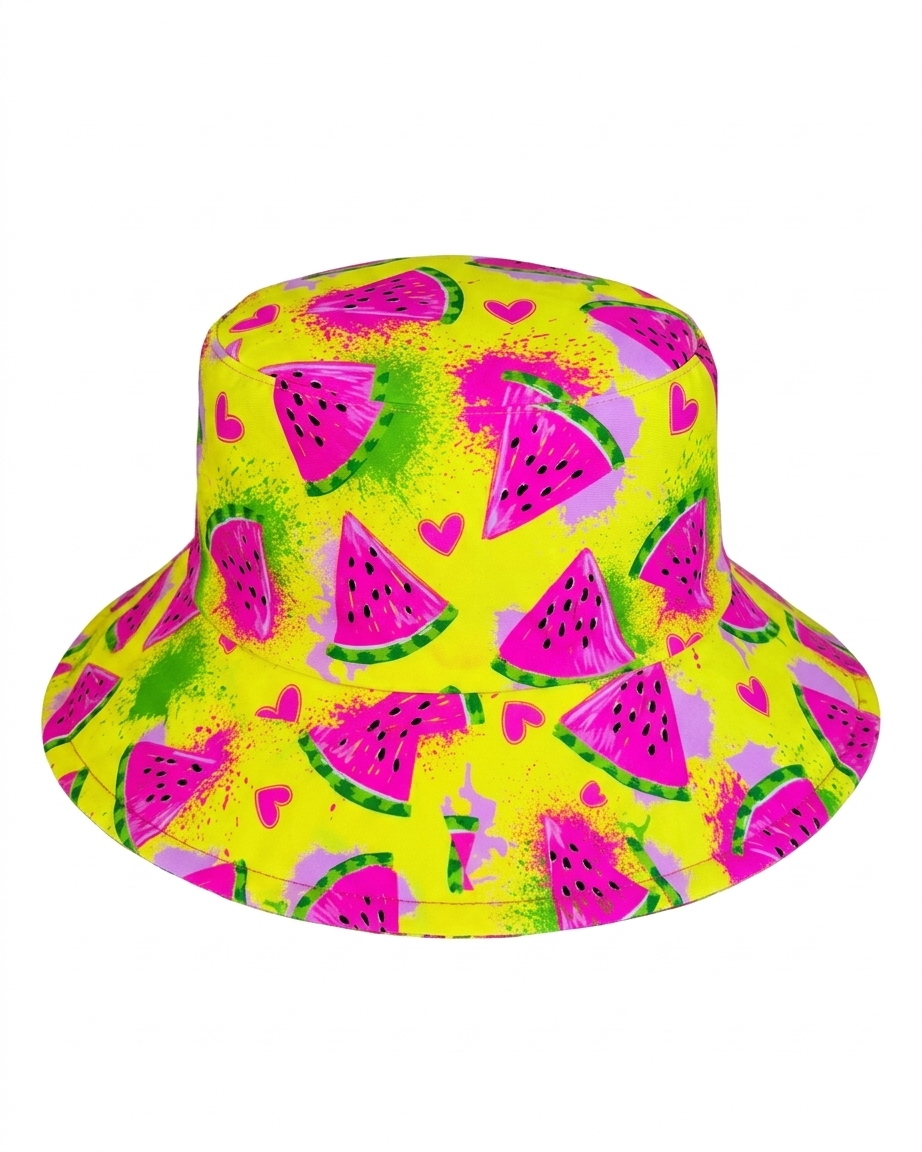 Sun hat from ZipMAE Swimwear's Melon Mania collection, featuring a wide brim and vibrant melon print for sun protection and style.