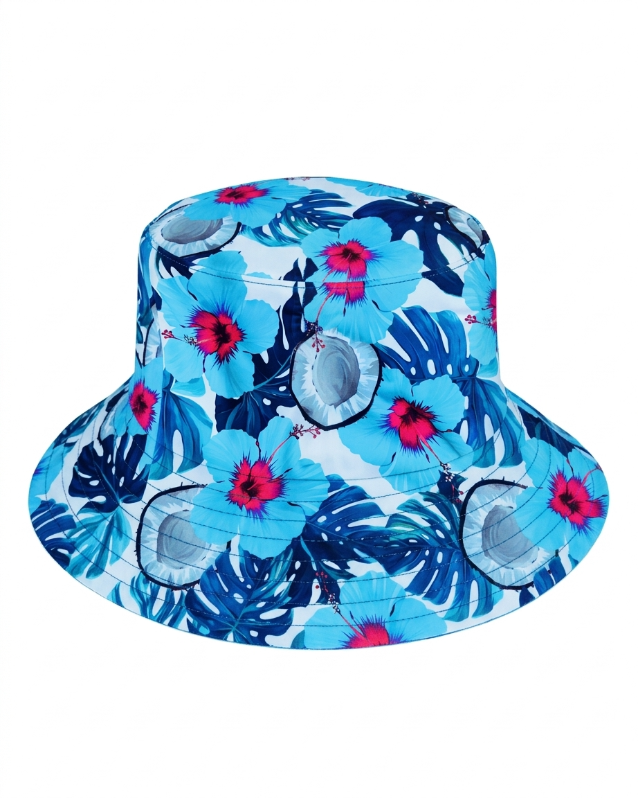Sun hat with wide brim and coconut pattern by ZipMAE Swimwear, perfect for sunny outdoor use.