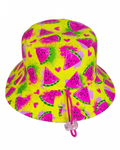 Sun hat from ZipMAE Swimwear's Melon Mania collection, featuring a wide brim and playful melon print for sun protection.