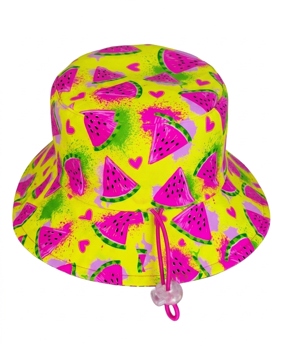 Sun hat from ZipMAE Swimwear's Melon Mania collection, featuring a wide brim and playful melon print for sun protection.