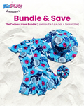 ZipMAE Swimwear Coconut Cove summer essentials set featuring a stylish hat, matching scrunchie, and resort accessories.