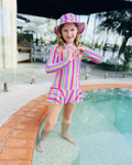 Colorful rainbow sun hat by ZipMAE Swimwear featuring wide brim and breathable fabric for sun protection and stylish summer wear.