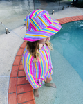 ZipMAE Swimwear Rainbow Rush sun hat with colorful rainbow pattern, wide brim, and breathable fabric for stylish sun protection.