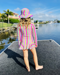 Colorful Sun Hat Rainbow Rush by ZipMAE Swimwear with wide brim and vibrant rainbow pattern, perfect for sunny days.