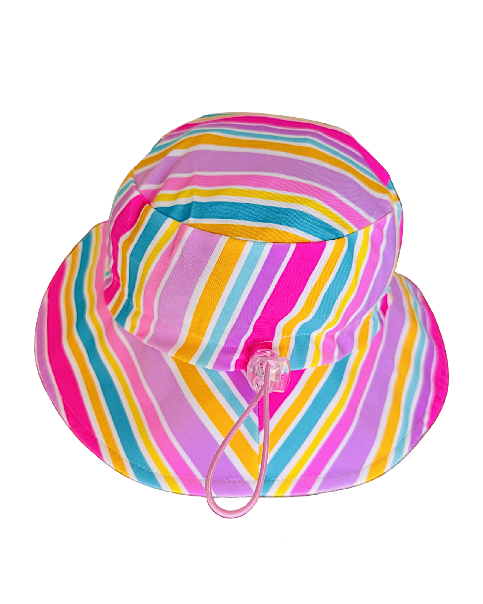Colorful rainbow sun hat from ZipMAE Swimwear with wide brim and vibrant striped pattern, perfect for sunny outdoor days.