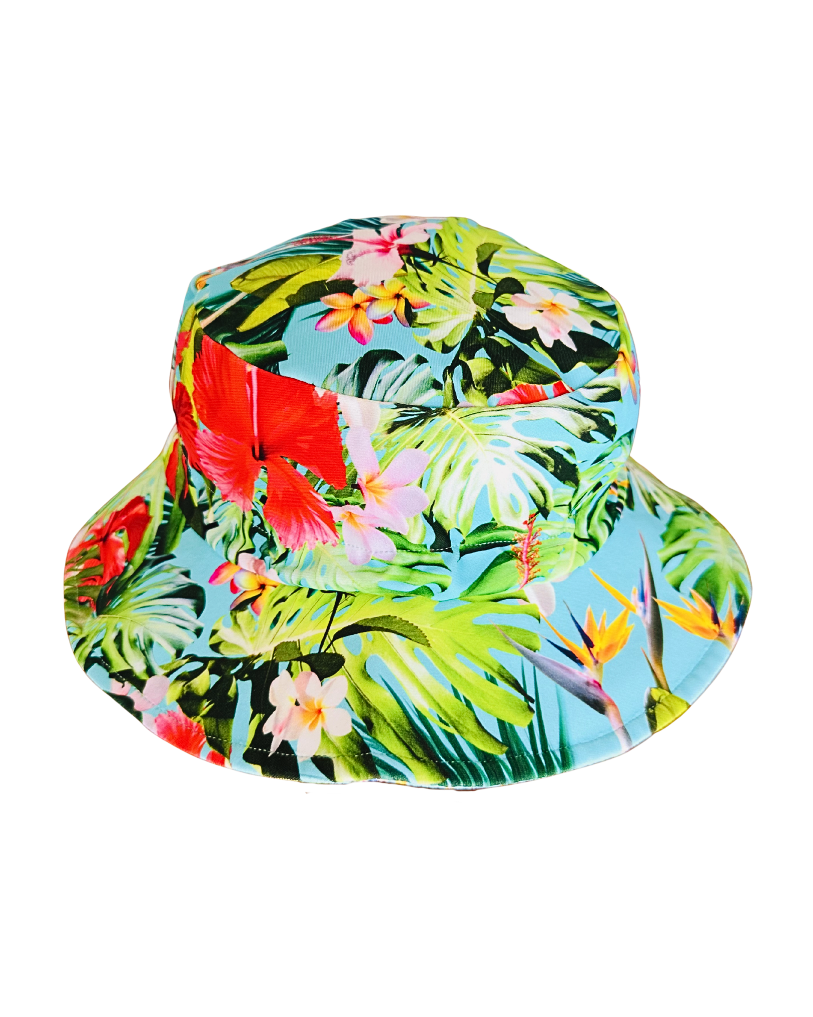 ZipMAE Swimwear Tropical Twist hat, scrunchie, and style set with vibrant tropical print and beach-ready accessories.