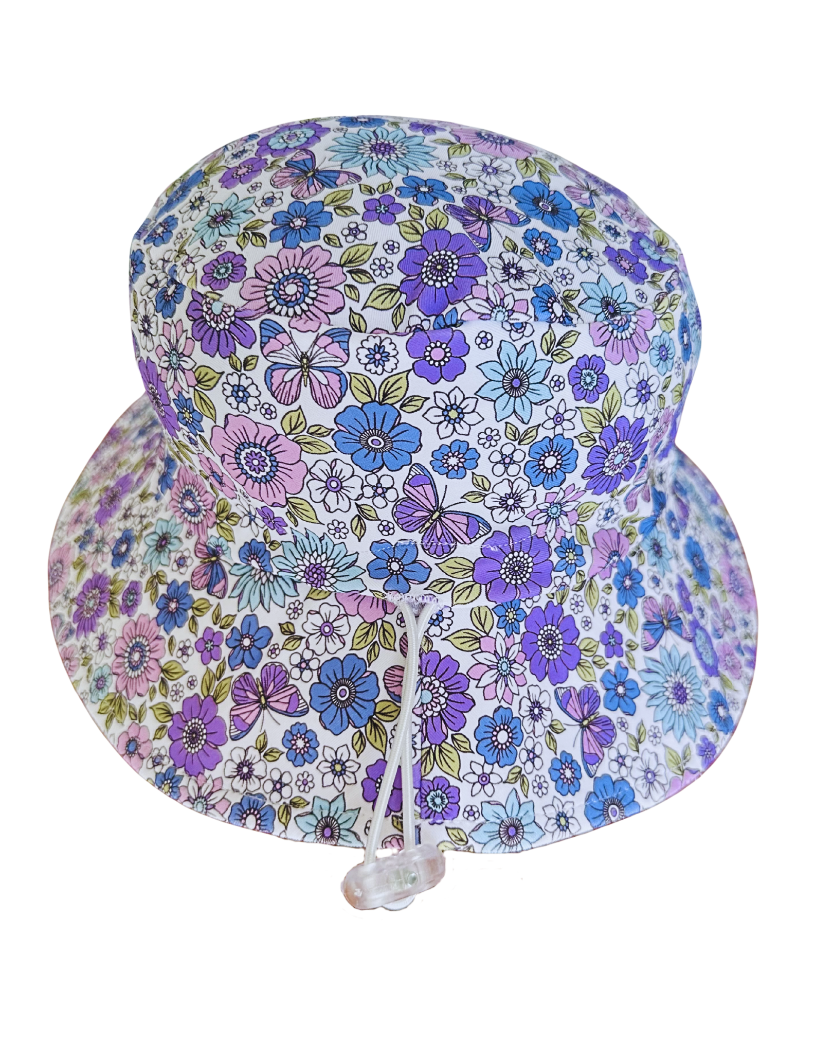 Violet blossom sun hat by ZipMAE Swimwear with wide brim and floral pattern, perfect for summer outdoor protection.