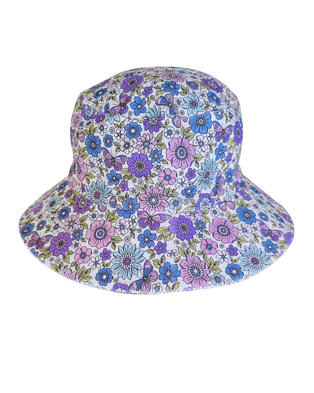 Violet blossom sun hat by ZipMAE Swimwear featuring wide brim and floral design, perfect for sun protection and stylish beachwear.