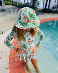 ZipMAE Swimwear Sun Hat Wild Wing with wide brim and floral pattern, perfect for sun protection and stylish beachwear.
