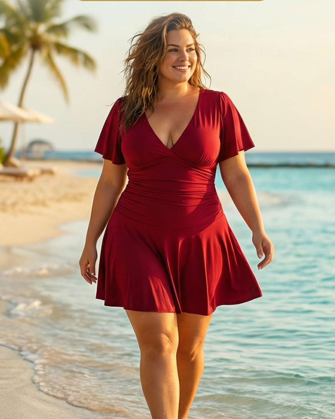 Plus-size Queensland Sunset swimsuit by ZipMAE Swimwear featuring vibrant sunset colors and stylish design.