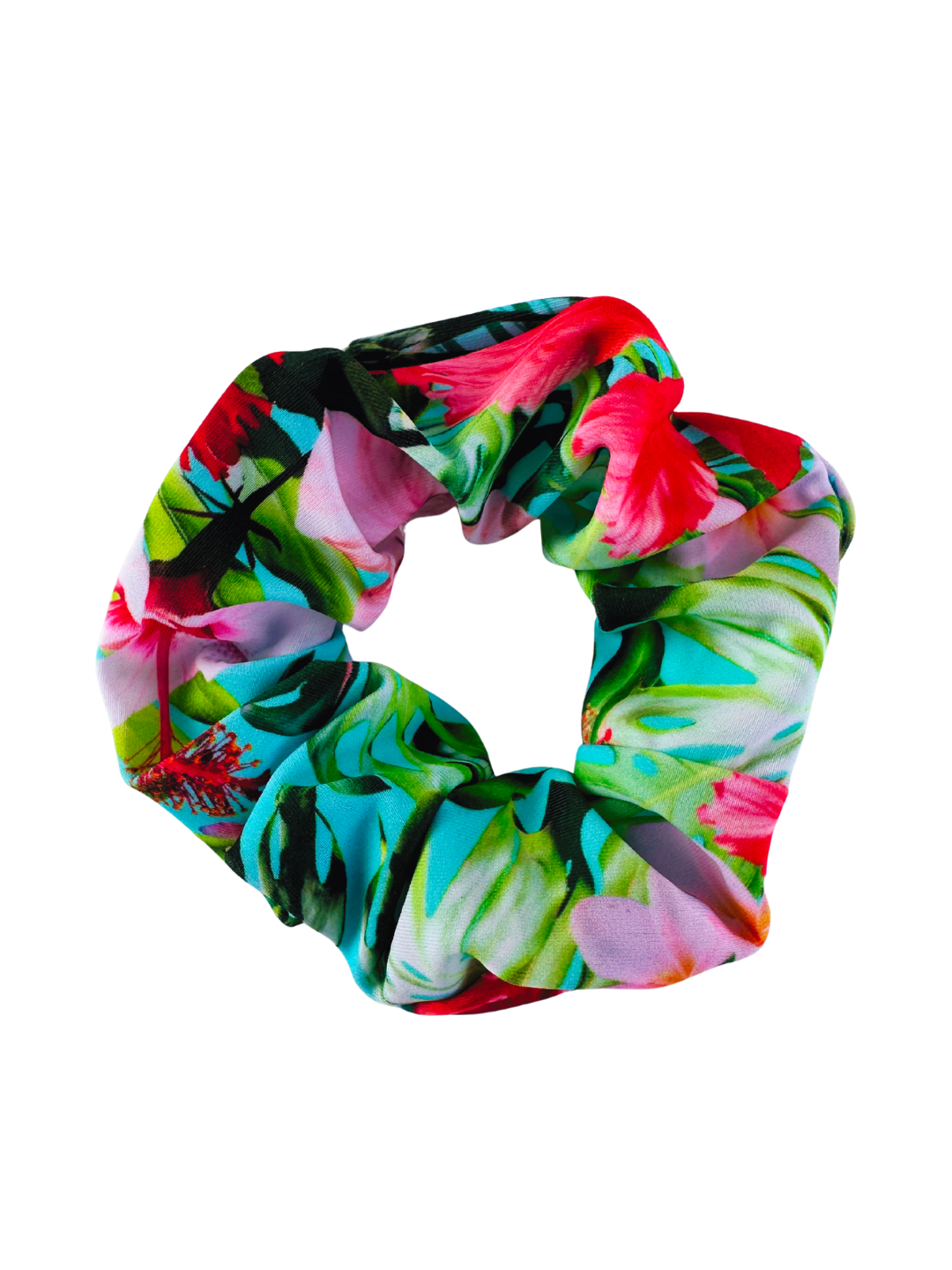 Tropical Twist bundle by ZipMAE Swimwear featuring a colorful scrunchie, hat, and style set with tropical floral patterns.