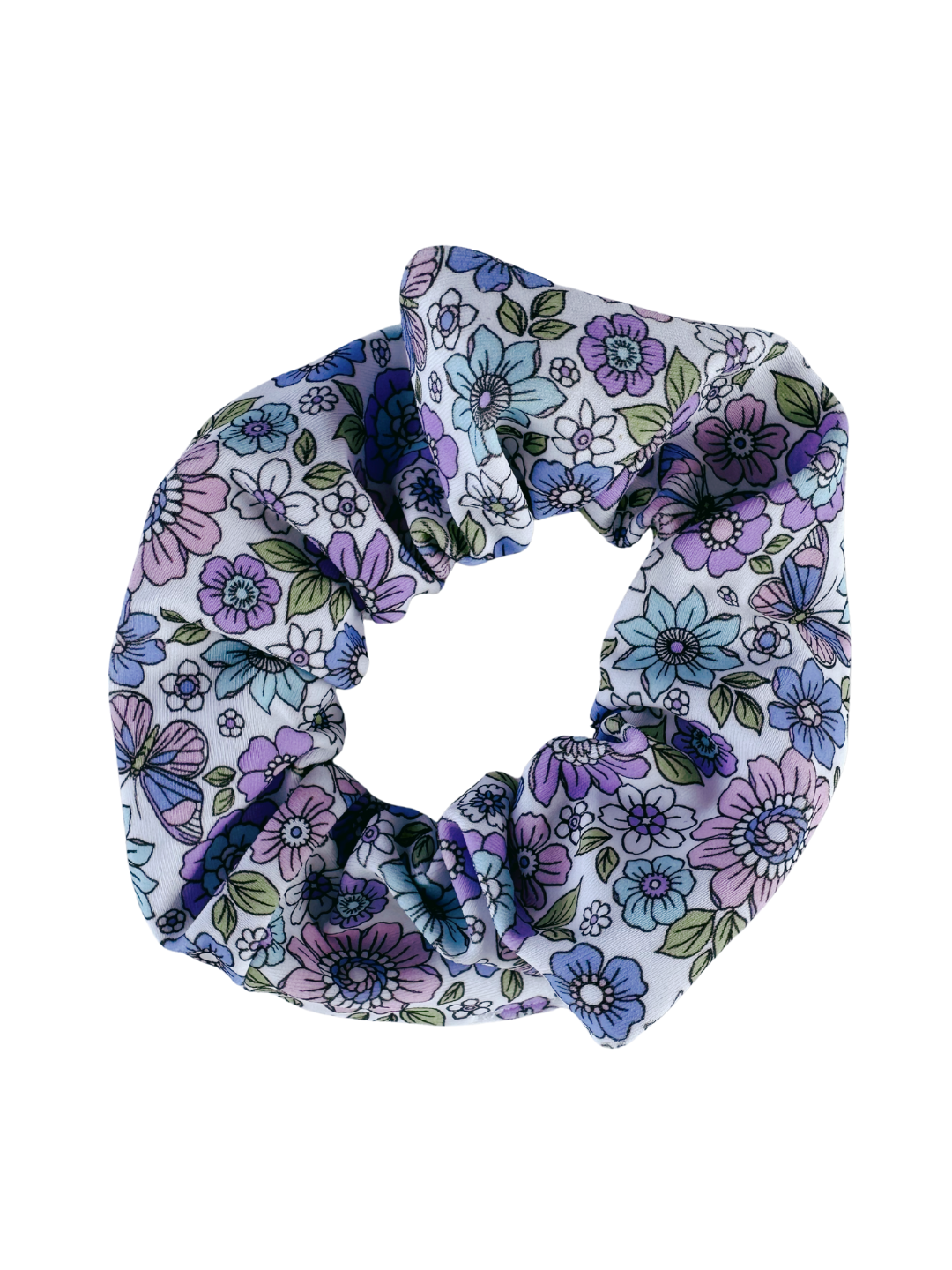 Violet Blossom scrunchie from ZipMAE Swimwear with a matching sun hat and accessories for a coordinated beach look.