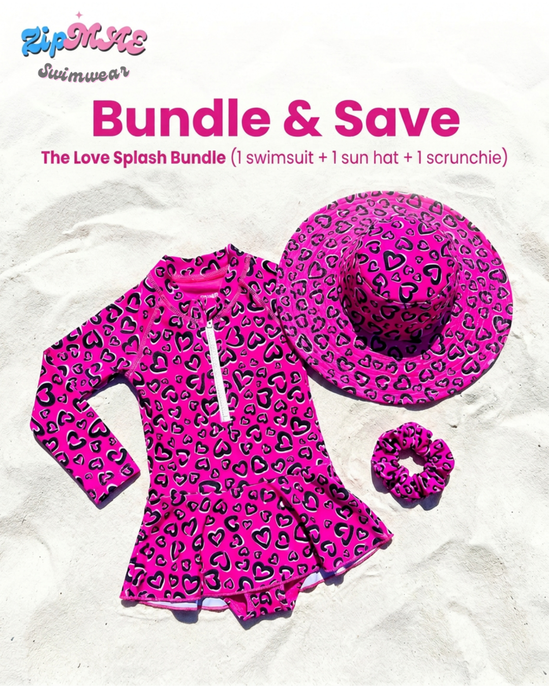 ZipMAE Swimwear Love Splash Bundle featuring a stylish hat, matching scrunchie, and swimsuit set in vibrant colors.