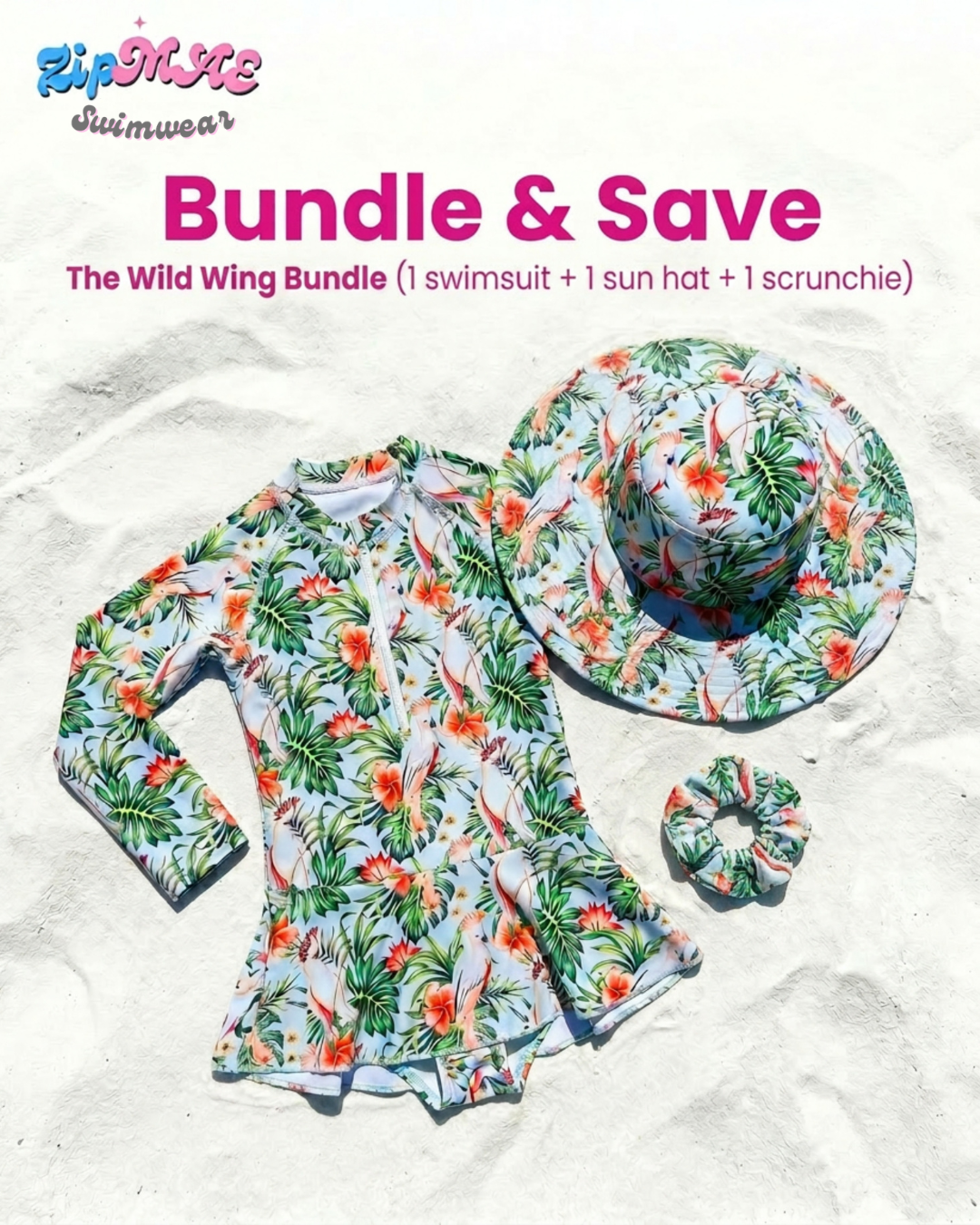 ZipMAE Swimwear Wild Wings bundle with a stylish hat, matching scrunchie, and swimsuit set featuring vibrant wing pattern.