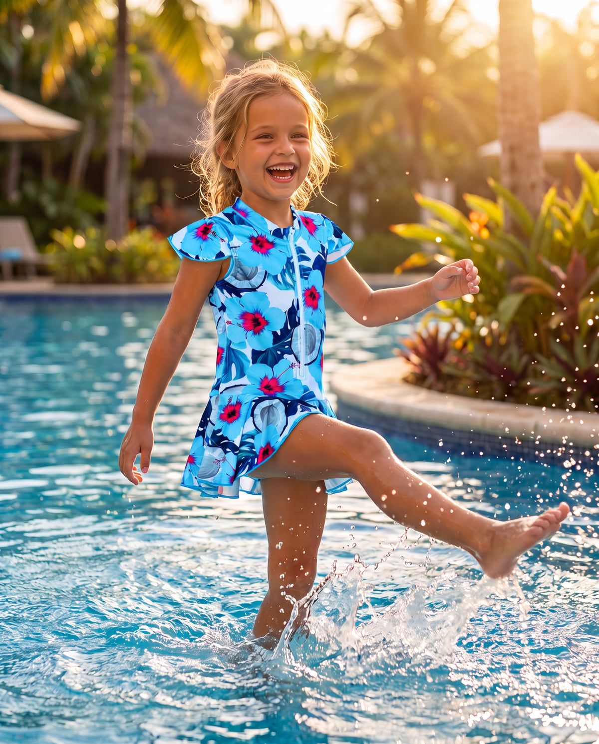 ZipMAE Swimwear Coconut Cove swimsuit featuring a vibrant tropical print on a flattering one-piece design.