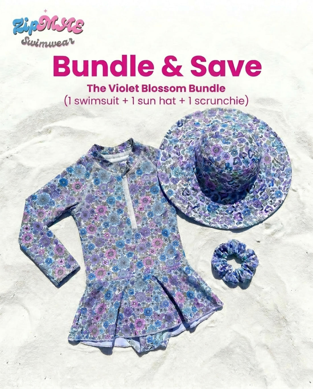 Violet Blossom Bundle by ZipMAE Swimwear featuring a scrunchie, sun hat, and swimsuit set with floral violet design.