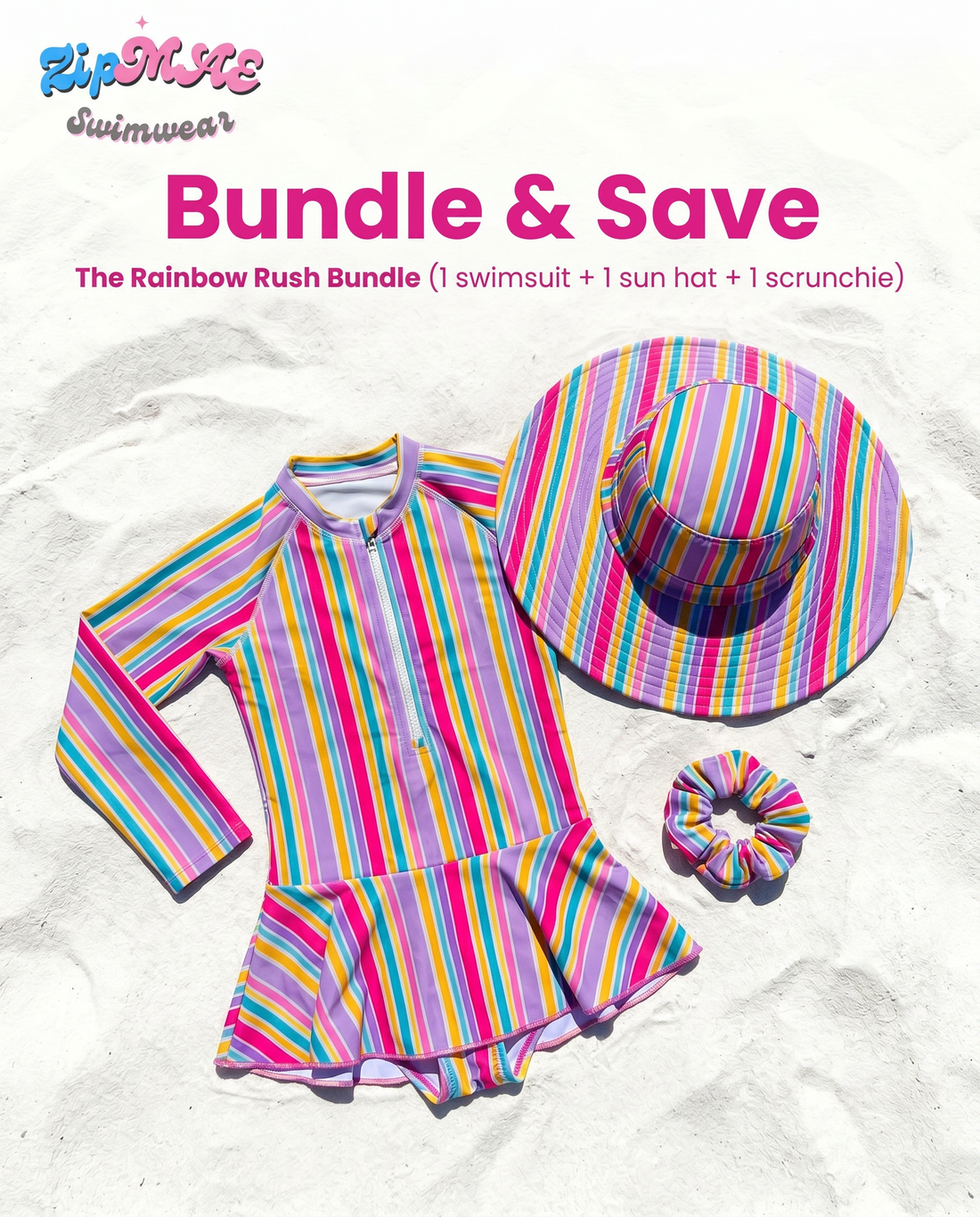 Bright rainbow-themed hat, scrunchie, and swimsuit set from ZipMAE Swimwear, featuring colorful, playful designs for summer wear.