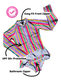 Rainbow Rush Bundle featuring ZipMAE Swimwear hat, scrunchie, and dress set with colorful rainbow pattern and playful summer style.