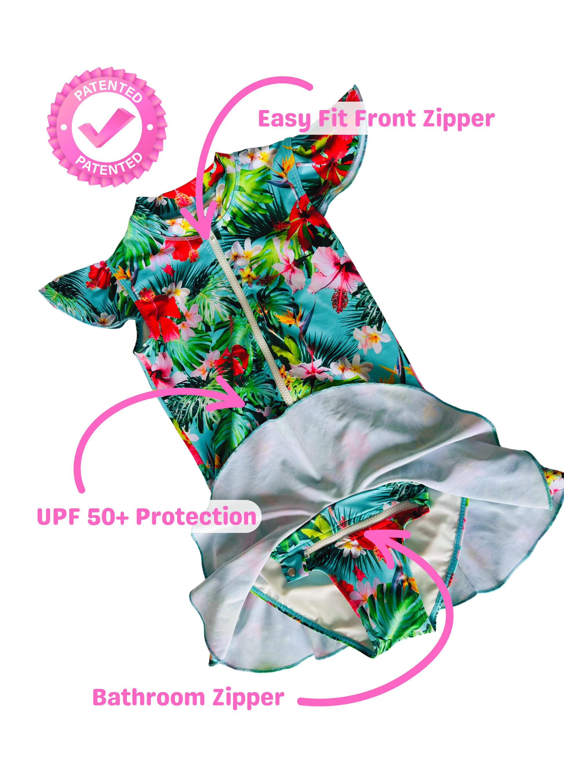 ZipMAE Swimwear Tropical Twist bundle with colorful hat, matching scrunchie, and style set featuring vibrant tropical patterns.